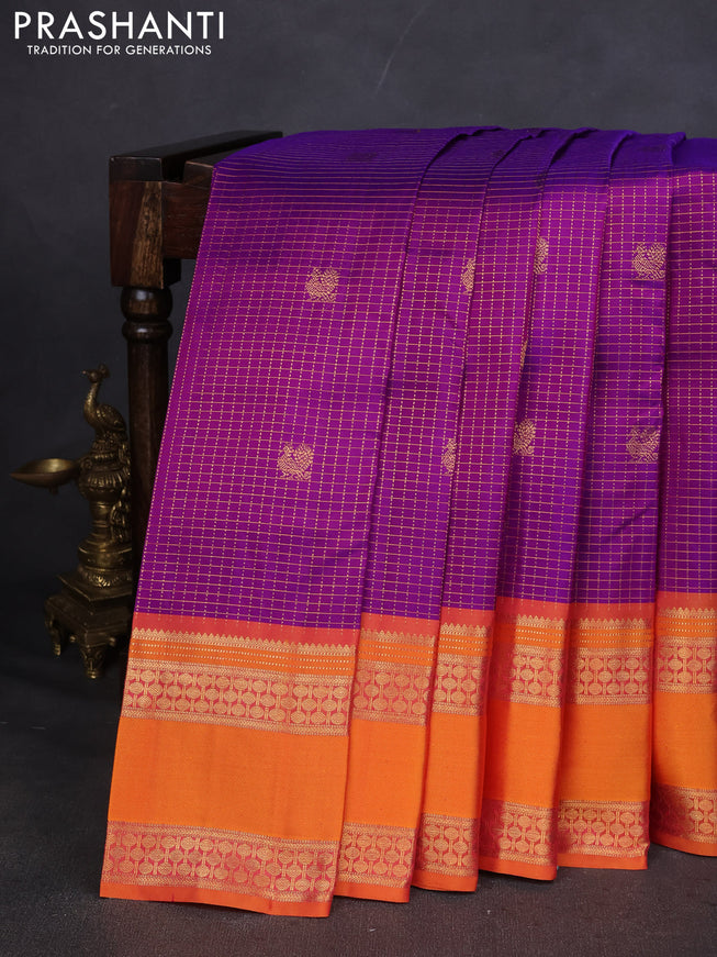 Pure kanchipuram silk saree purple and mustard yellow with allover zari checked pattern and rettapet zari woven border