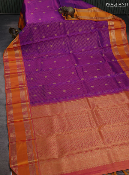 Pure kanchipuram silk saree purple and mustard yellow with allover zari checked pattern and rettapet zari woven border