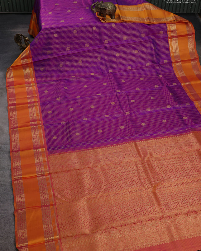 Pure kanchipuram silk saree purple and mustard yellow with allover zari checked pattern and rettapet zari woven border