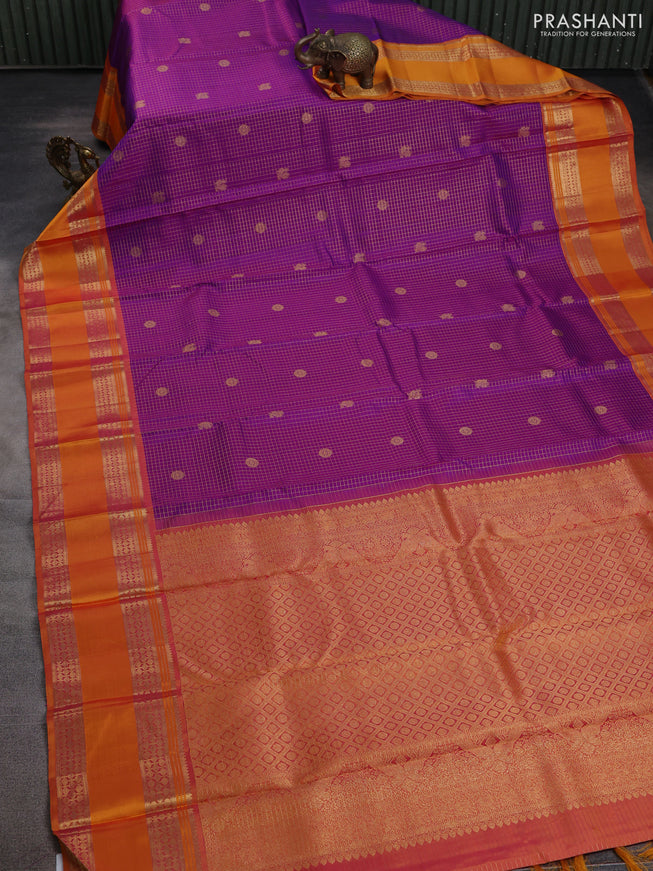 Pure kanchipuram silk saree purple and mustard yellow with allover zari checked pattern and rettapet zari woven border