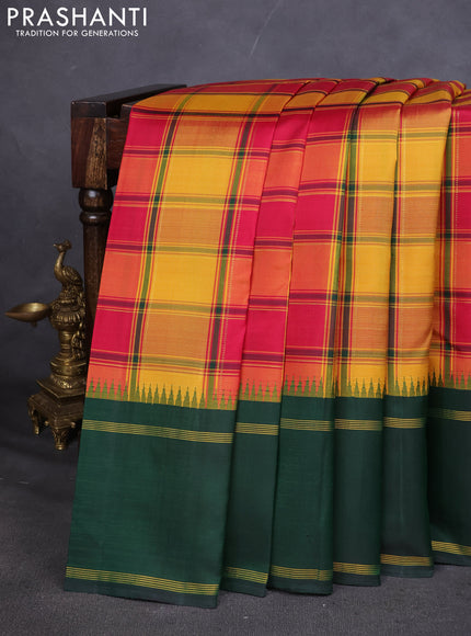 Pure kanchipuram silk saree multi colour and green with allover paalum pazhamum checked pattern and temple design rettapet zari border
