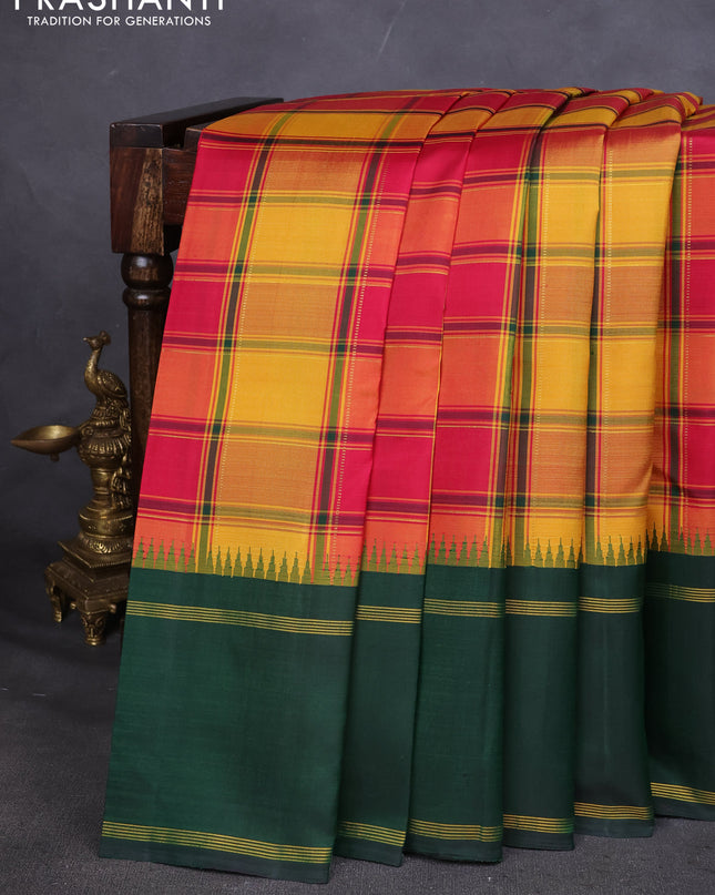 Pure kanchipuram silk saree multi colour and green with allover paalum pazhamum checked pattern and temple design rettapet zari border