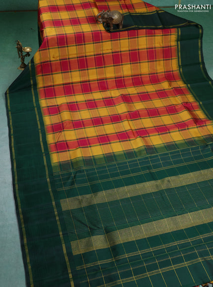 Pure kanchipuram silk saree multi colour and green with allover paalum pazhamum checked pattern and temple design rettapet zari border