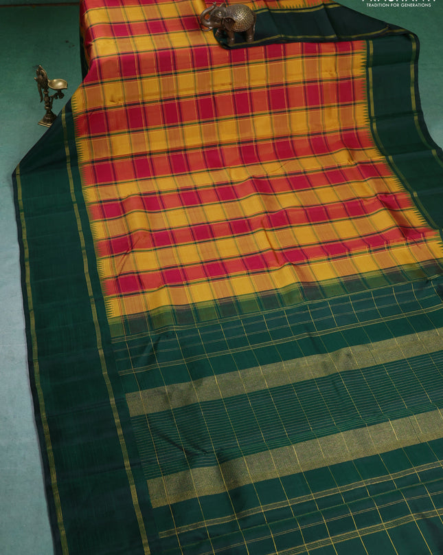 Pure kanchipuram silk saree multi colour and green with allover paalum pazhamum checked pattern and temple design rettapet zari border