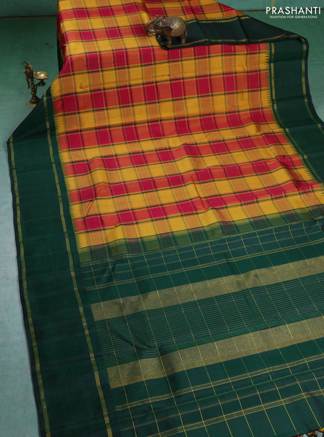 Pure kanchipuram silk saree multi colour and green with allover paalum pazhamum checked pattern and temple design rettapet zari border