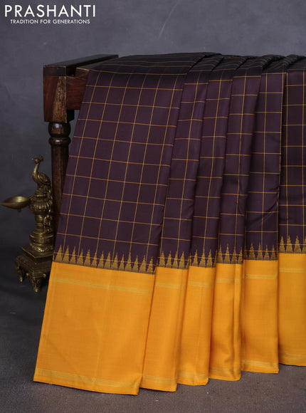 Pure kanchipuram silk saree deep coffee brown and mustard yellow with allover thread woven checked pattern and rettapet zari woven border