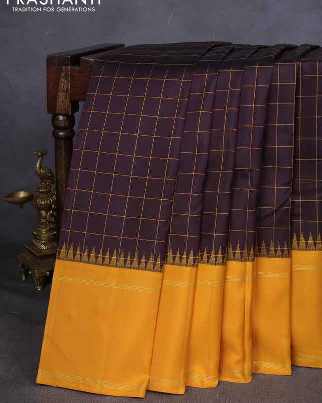 Pure kanchipuram silk saree deep coffee brown and mustard yellow with allover thread woven checked pattern and rettapet zari woven border