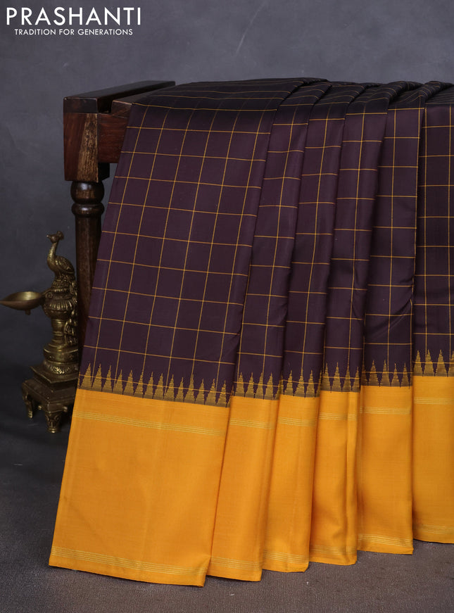 Pure kanchipuram silk saree deep coffee brown and mustard yellow with allover thread woven checked pattern and rettapet zari woven border