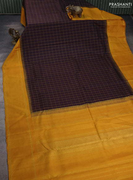 Pure kanchipuram silk saree deep coffee brown and mustard yellow with allover thread woven checked pattern and rettapet zari woven border