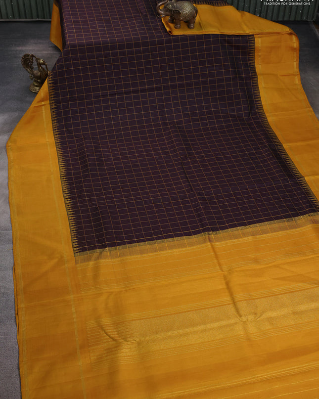 Pure kanchipuram silk saree deep coffee brown and mustard yellow with allover thread woven checked pattern and rettapet zari woven border