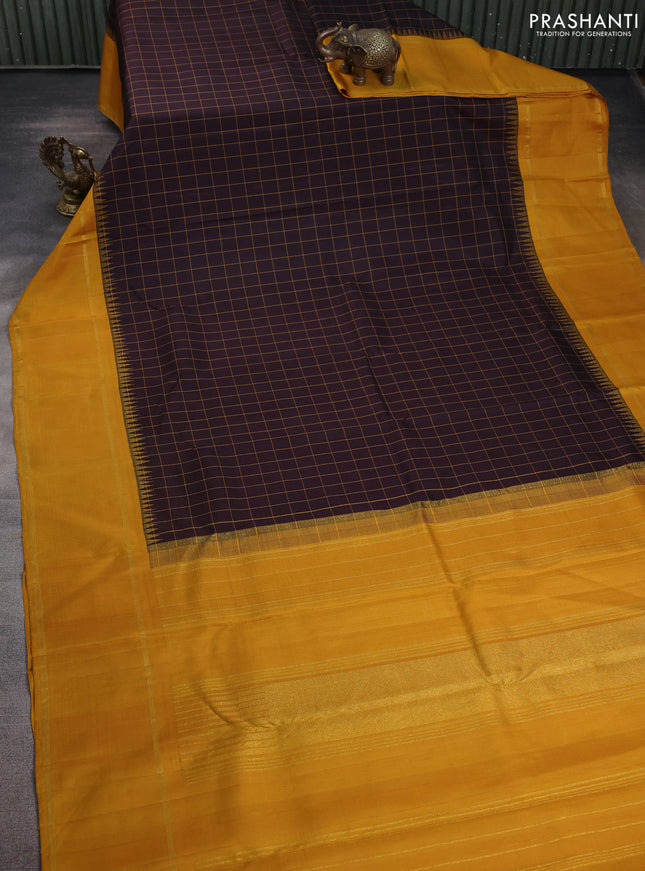 Pure kanchipuram silk saree deep coffee brown and mustard yellow with allover thread woven checked pattern and rettapet zari woven border