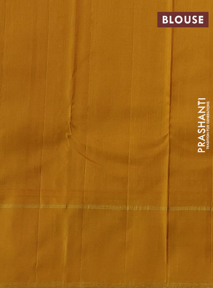 Pure kanchipuram silk saree deep coffee brown and mustard yellow with allover thread woven checked pattern and rettapet zari woven border