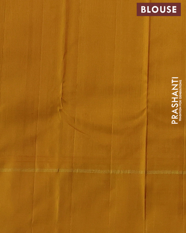 Pure kanchipuram silk saree deep coffee brown and mustard yellow with allover thread woven checked pattern and rettapet zari woven border
