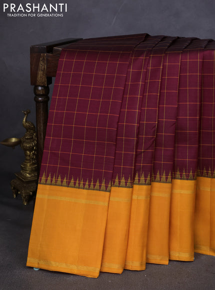 Pure kanchipuram silk saree maroon and mustard yellow with allover checked pattern and temple design rettapet zari border