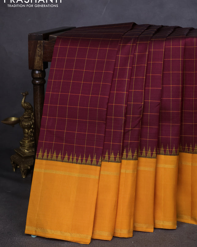 Pure kanchipuram silk saree maroon and mustard yellow with allover checked pattern and temple design rettapet zari border