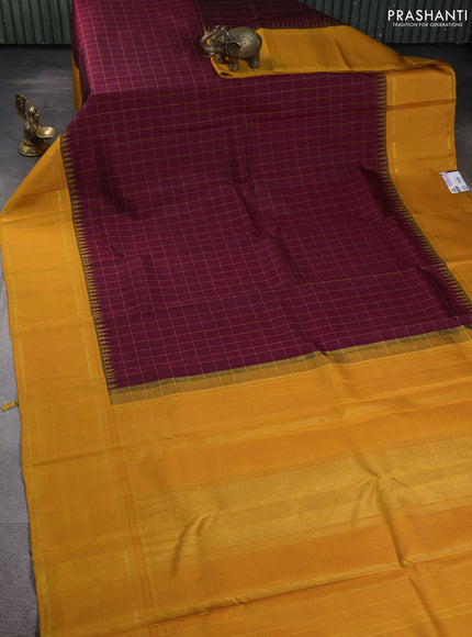 Pure kanchipuram silk saree maroon and mustard yellow with allover checked pattern and temple design rettapet zari border