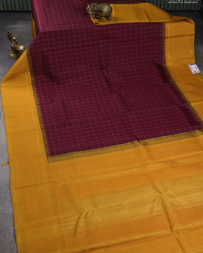 Pure kanchipuram silk saree maroon and mustard yellow with allover checked pattern and temple design rettapet zari border