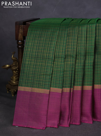 Pure kanchipuram silk saree green and purple with allover zari checked pattern and zari checked border