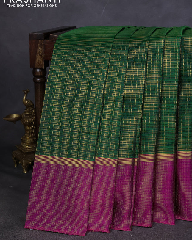 Pure kanchipuram silk saree green and purple with allover zari checked pattern and zari checked border