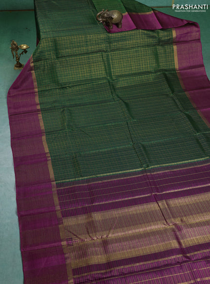 Pure kanchipuram silk saree green and purple with allover zari checked pattern and zari checked border