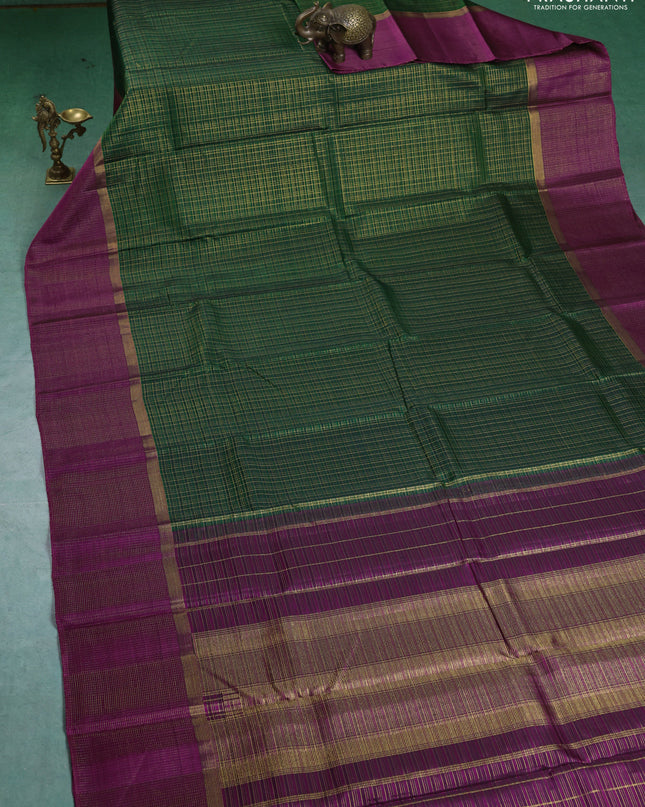 Pure kanchipuram silk saree green and purple with allover zari checked pattern and zari checked border