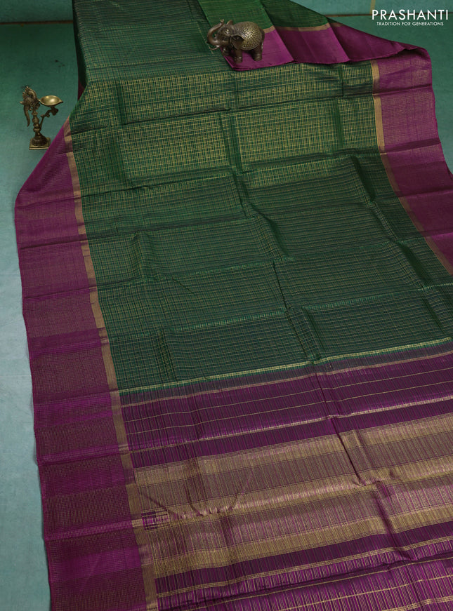 Pure kanchipuram silk saree green and purple with allover zari checked pattern and zari checked border