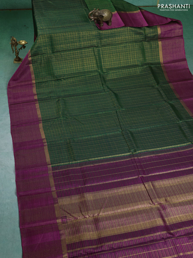 Pure kanchipuram silk saree green and purple with allover zari checked pattern and zari checked border
