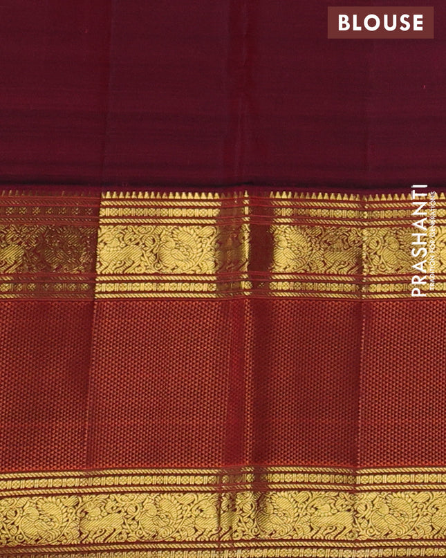 Pure kanchipuram silk saree sandal and deep maroon with allover thread woven checked pattern and long zari woven korvai border