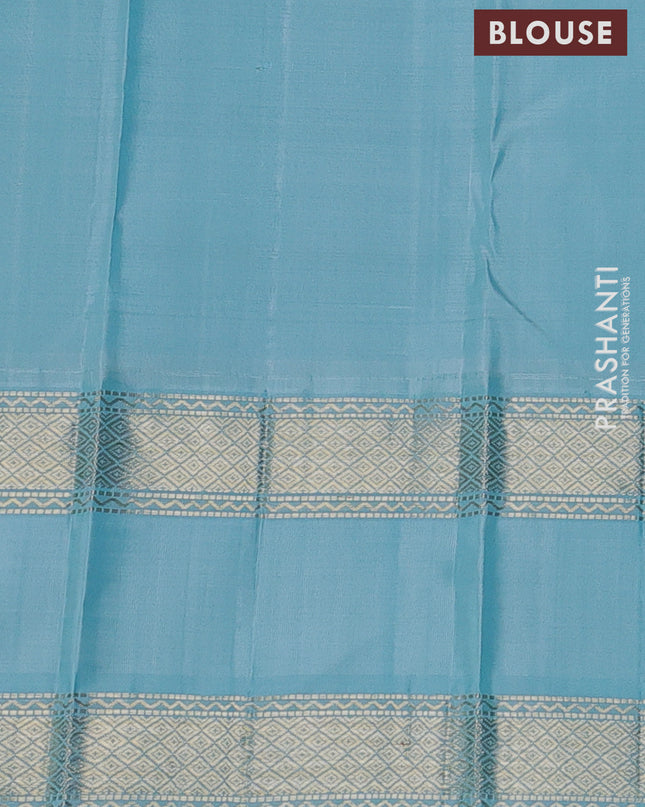 Pure kanchipuram silk saree peacock blue and light blue with allover zari checked pattern and rettapet zari woven border