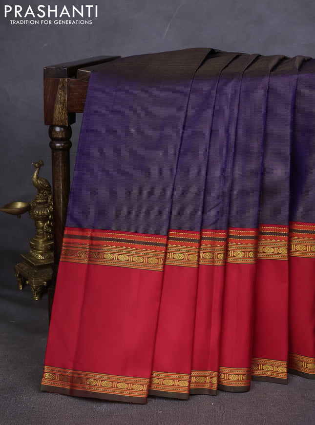 Pure kanchipuram silk saree blue and red with allover zari weaves and rettapet zari woven border