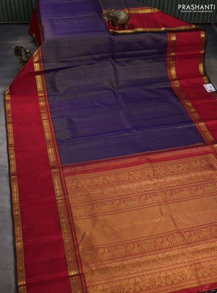 Pure kanchipuram silk saree blue and red with allover zari weaves and rettapet zari woven border