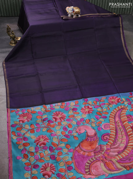 Pure Soft silk saree blue and cs blue with plain body and hand painted kalamkari pallu