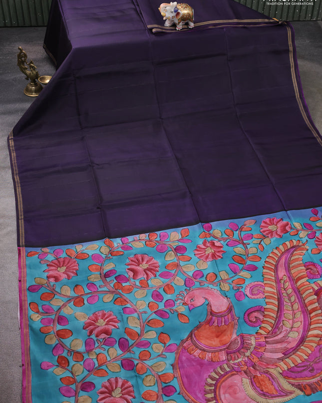Pure Soft silk saree blue and cs blue with plain body and hand painted kalamkari pallu