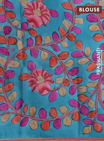 Pure Soft silk saree blue and cs blue with plain body and hand painted kalamkari pallu