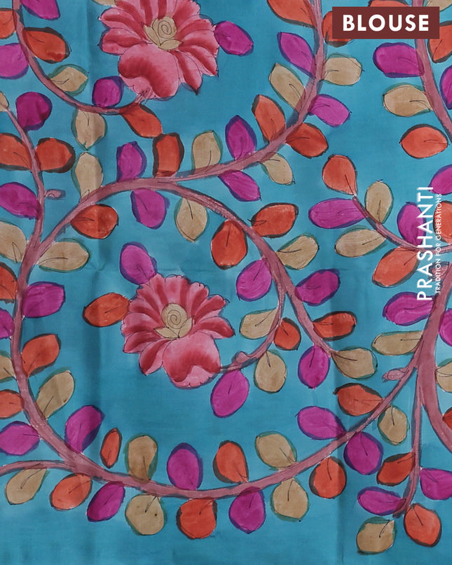 Pure Soft silk saree blue and cs blue with plain body and hand painted kalamkari pallu