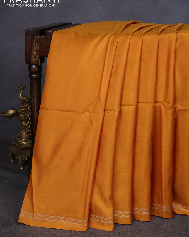 Pure Soft silk saree mustard yellow and teal green with plain body and hand painted kalamkari pallu