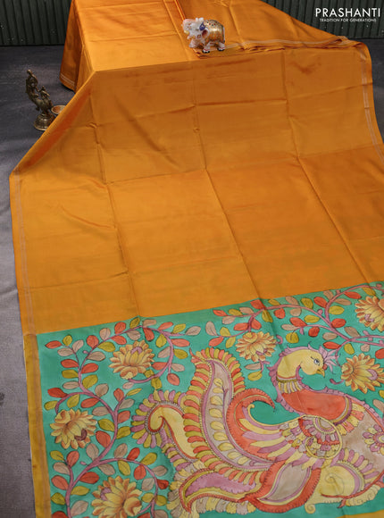 Pure Soft silk saree mustard yellow and teal green with plain body and hand painted kalamkari pallu
