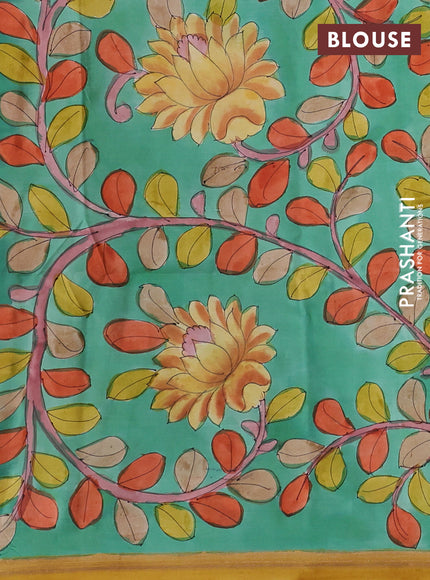 Pure Soft silk saree mustard yellow and teal green with plain body and hand painted kalamkari pallu