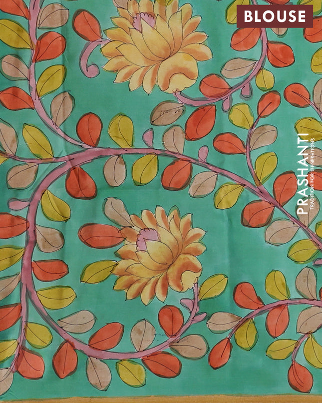 Pure Soft silk saree mustard yellow and teal green with plain body and hand painted kalamkari pallu