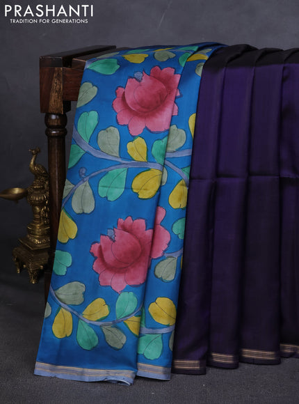 Pure Soft silk saree dark blue and cs blue with plain body and hand painted kalamkari pallu