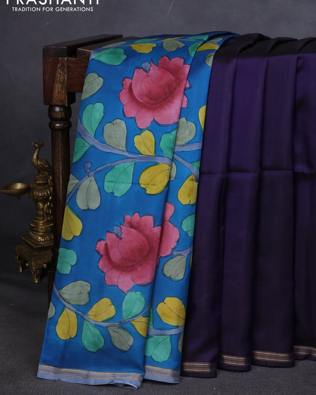 Pure Soft silk saree dark blue and cs blue with plain body and hand painted kalamkari pallu