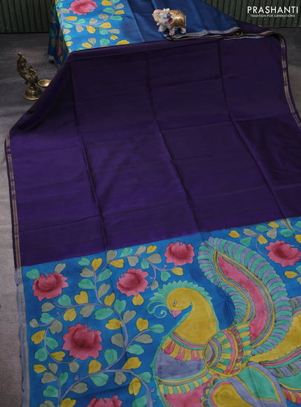 Pure Soft silk saree dark blue and cs blue with plain body and hand painted kalamkari pallu