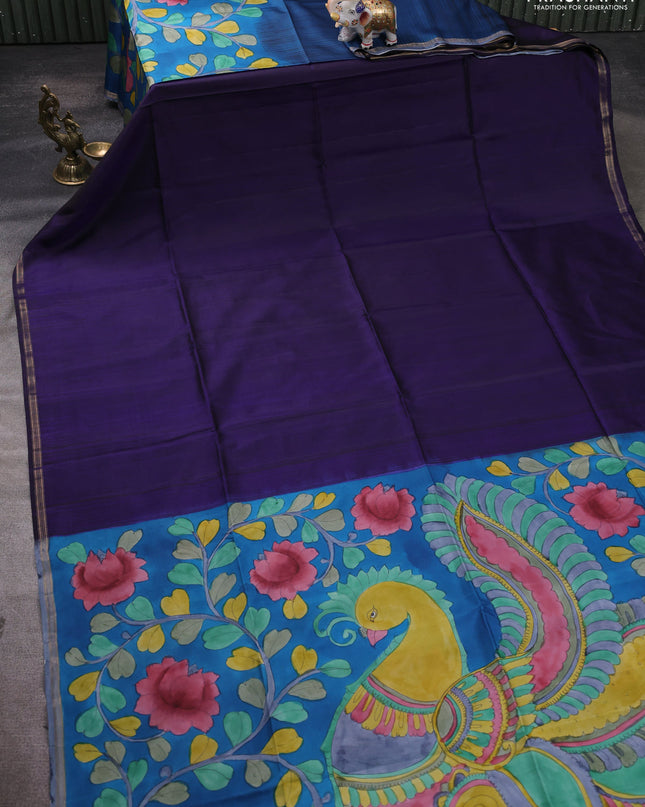 Pure Soft silk saree dark blue and cs blue with plain body and hand painted kalamkari pallu