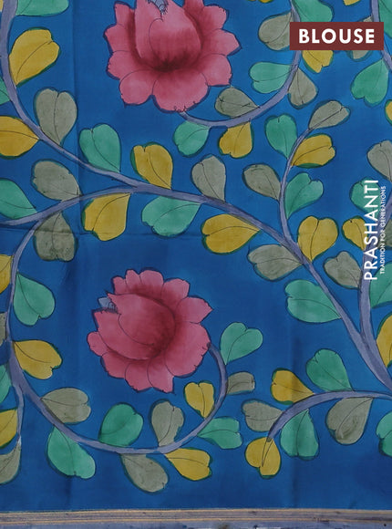 Pure Soft silk saree dark blue and cs blue with plain body and hand painted kalamkari pallu