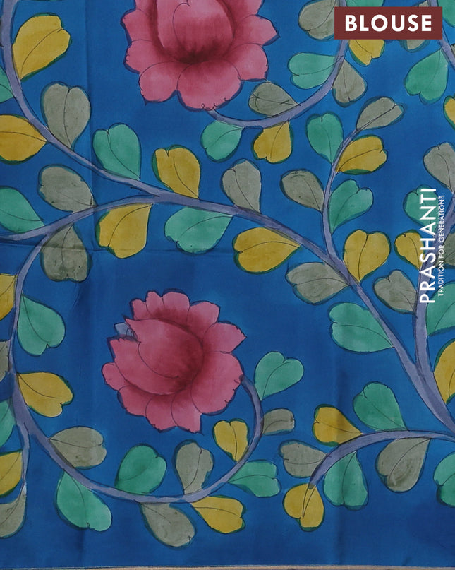 Pure Soft silk saree dark blue and cs blue with plain body and hand painted kalamkari pallu