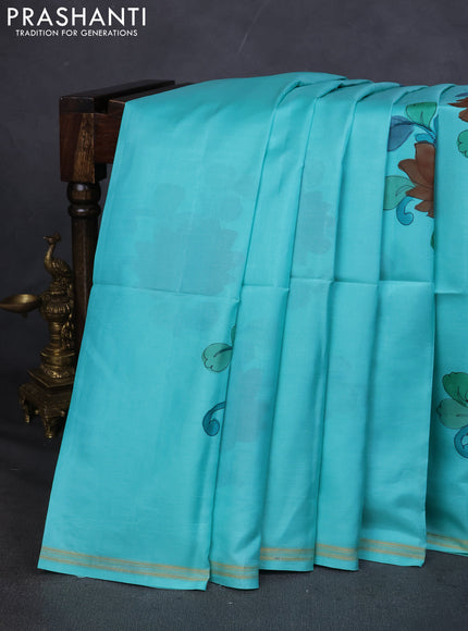 Pure Soft silk saree teal blue and yellow with plain body and hand painted kalamkari pallu