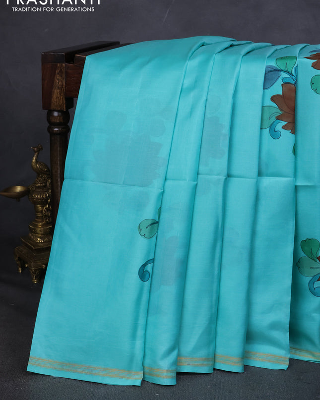 Pure Soft silk saree teal blue and yellow with plain body and hand painted kalamkari pallu