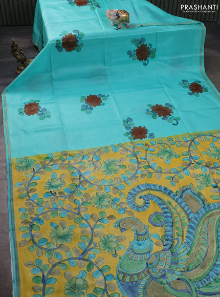 Pure Soft silk saree teal blue and yellow with plain body and hand painted kalamkari pallu