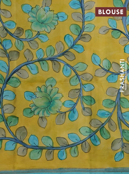 Pure Soft silk saree teal blue and yellow with plain body and hand painted kalamkari pallu