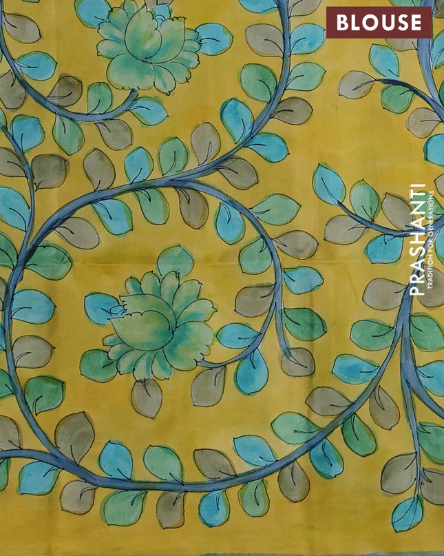 Pure Soft silk saree teal blue and yellow with plain body and hand painted kalamkari pallu